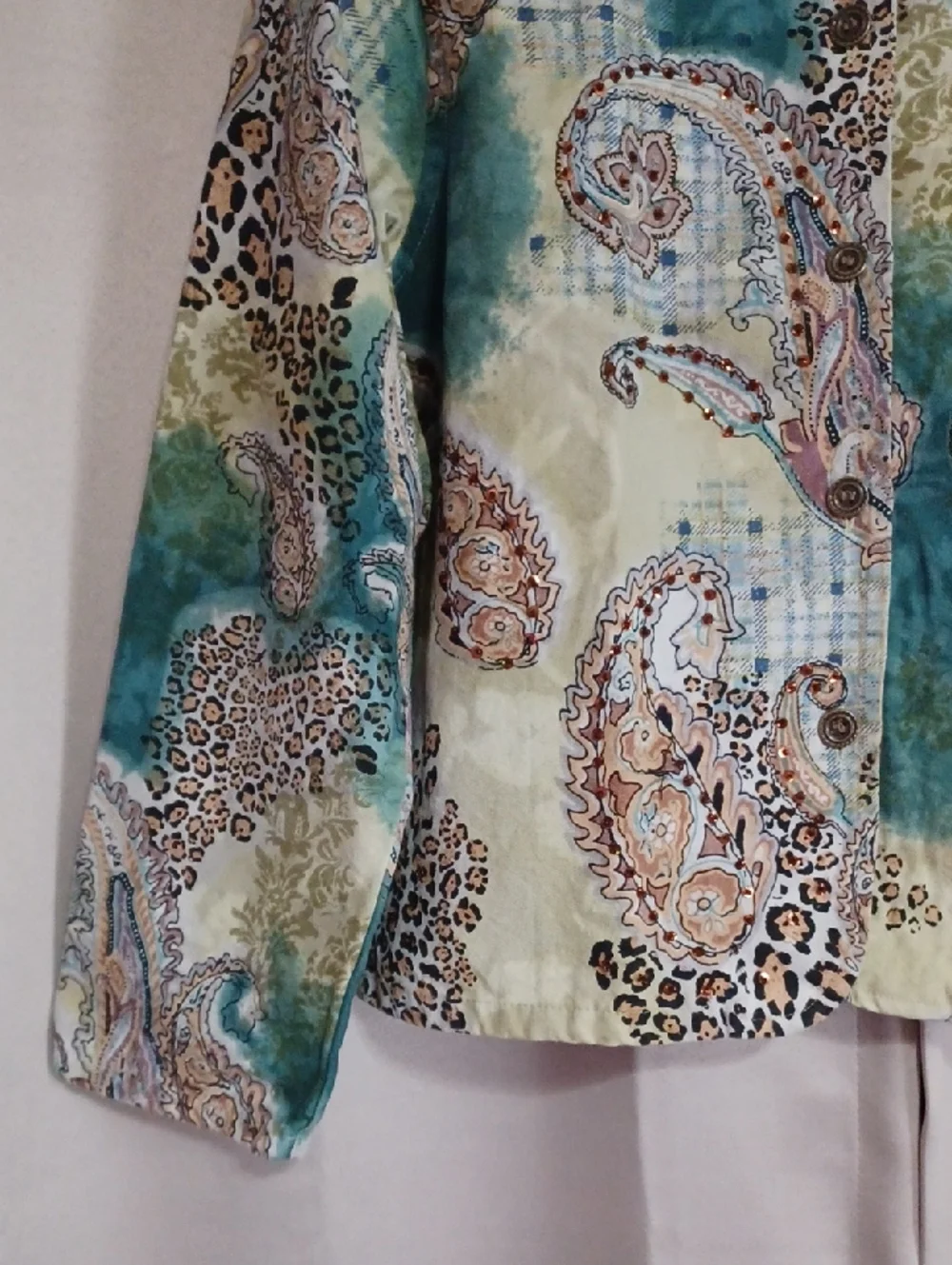 Gaudy Couture Paisley Animal Print Denim Jacket Rhinestones Button Front